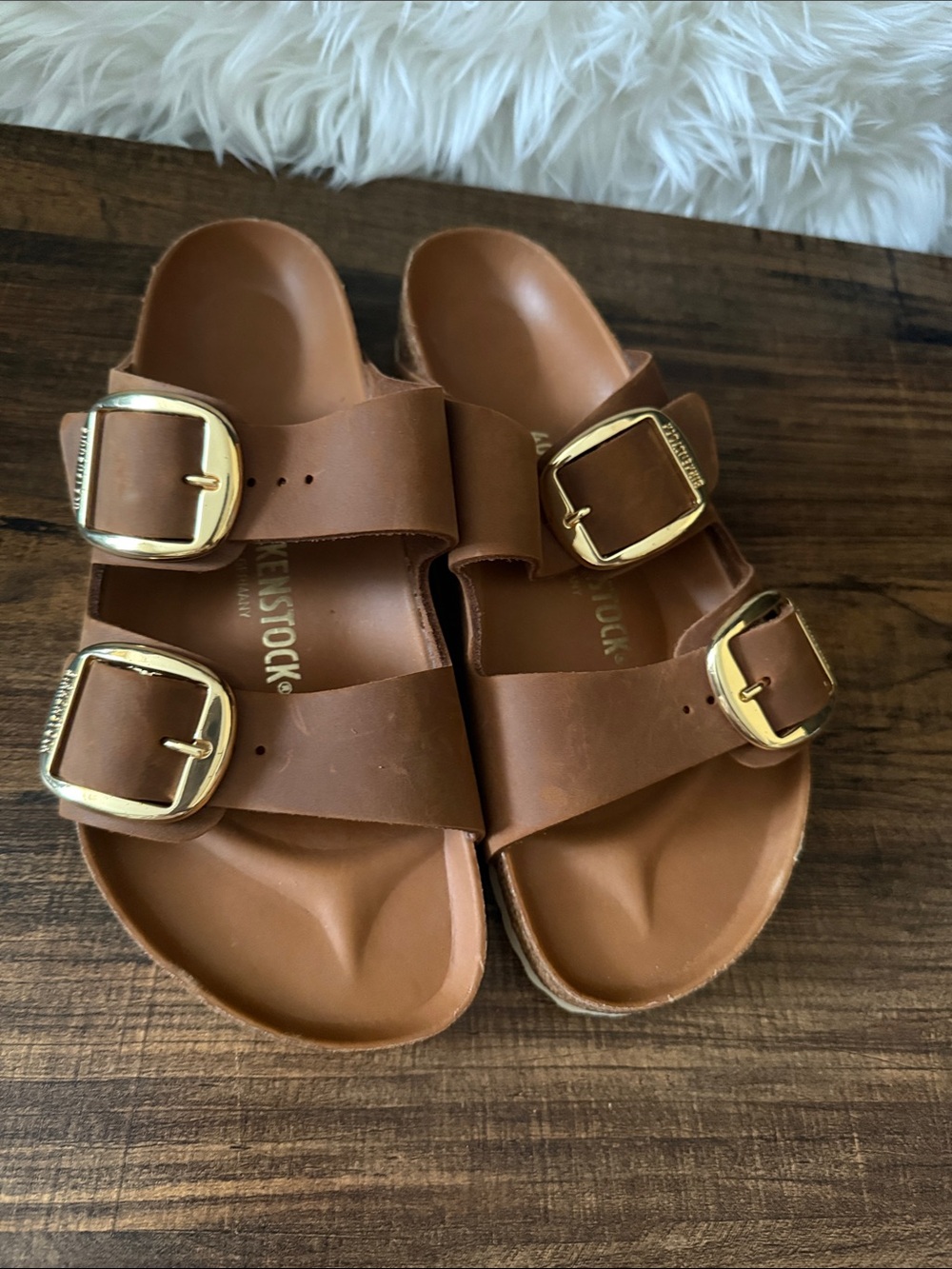 Birkenstock Double Strap Sandals with Gold Buckles - Brown